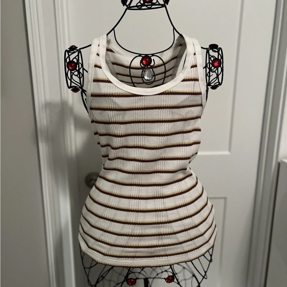 AERIE RIBBED WHITE WITH YELLOW & BROWN STRIPES RACER BACK TANK TOP SIZE MEDIUM